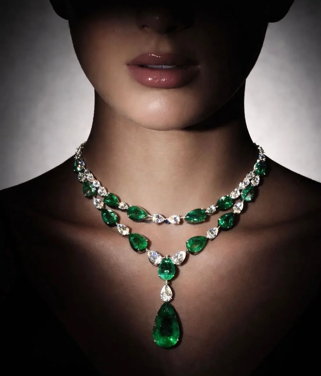 Emerald & Diamond Two-Row Drop Necklace